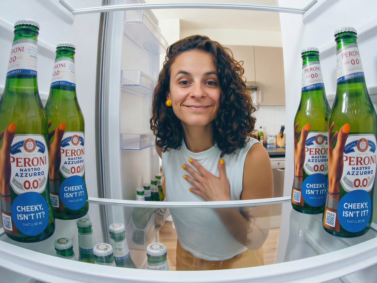 A visitor among the fridge's stickered Peroni bottles