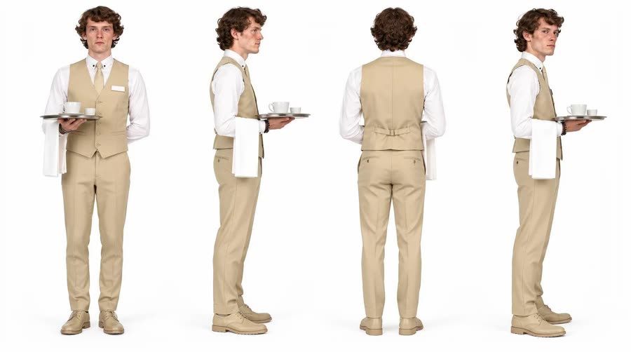 Turnaround for the waiter in his beige waistcoat and long white apron, four views