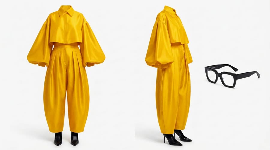 The woman's wardrobe: the yellow outfit and the bold black glasses