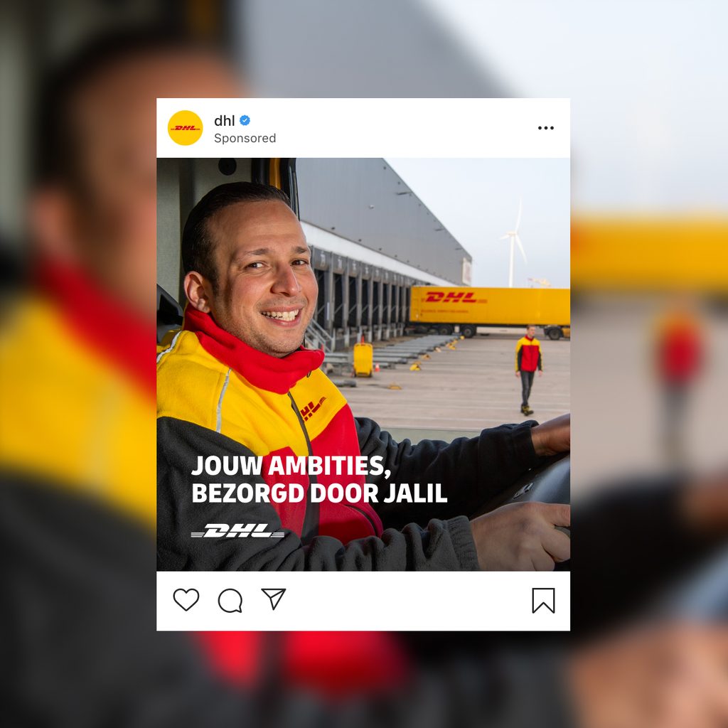 The campaign as a sponsored post — “Jouw ambities, bezorgd door Jalil”, a DHL driver at the wheel
