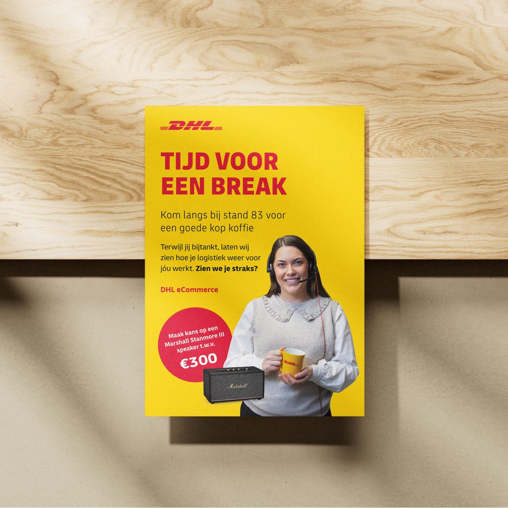 The stand flyer — “Tijd voor een break”, inviting visitors to stand 83 for a coffee